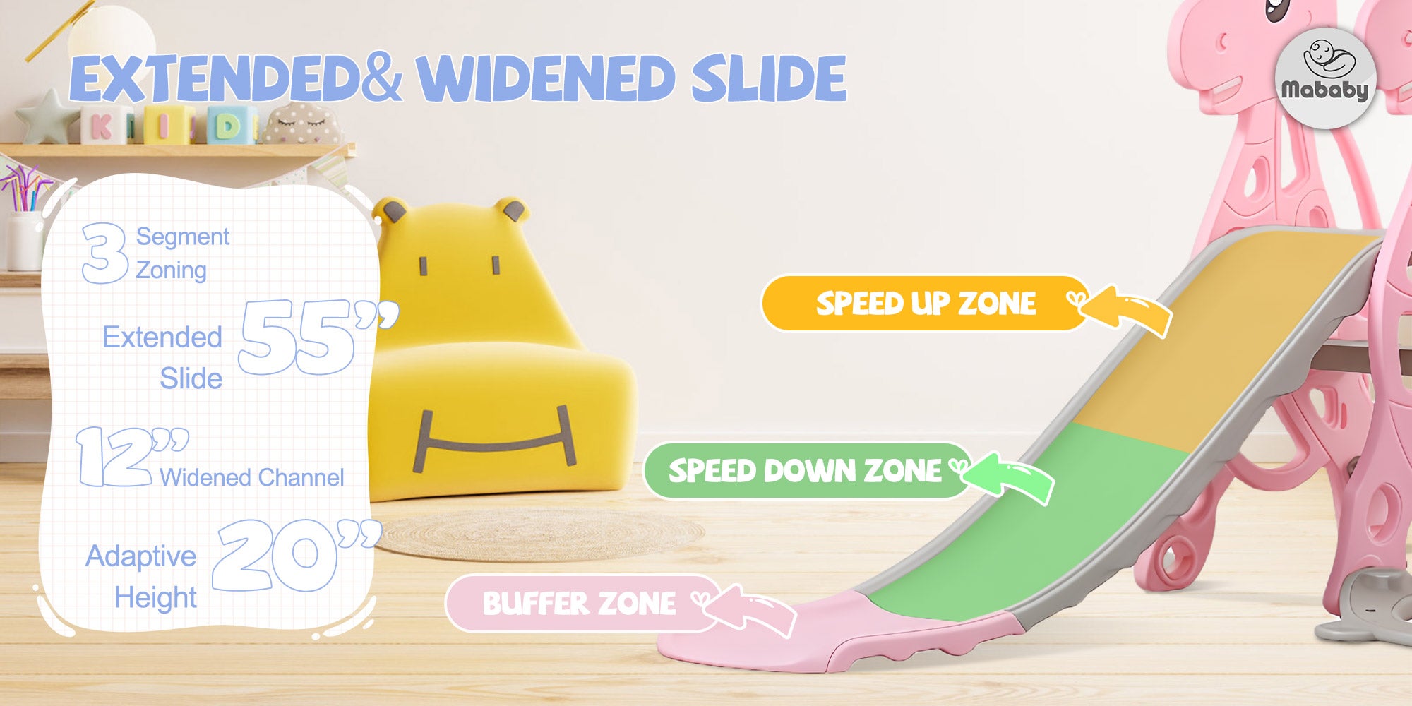 4 in 1 Toddler Slide Swing Set, Indoor Baby Slide, Includes Slide, Swing, Basketball Hoop, and Climber, Freestanding Slide Climber Playset Toy