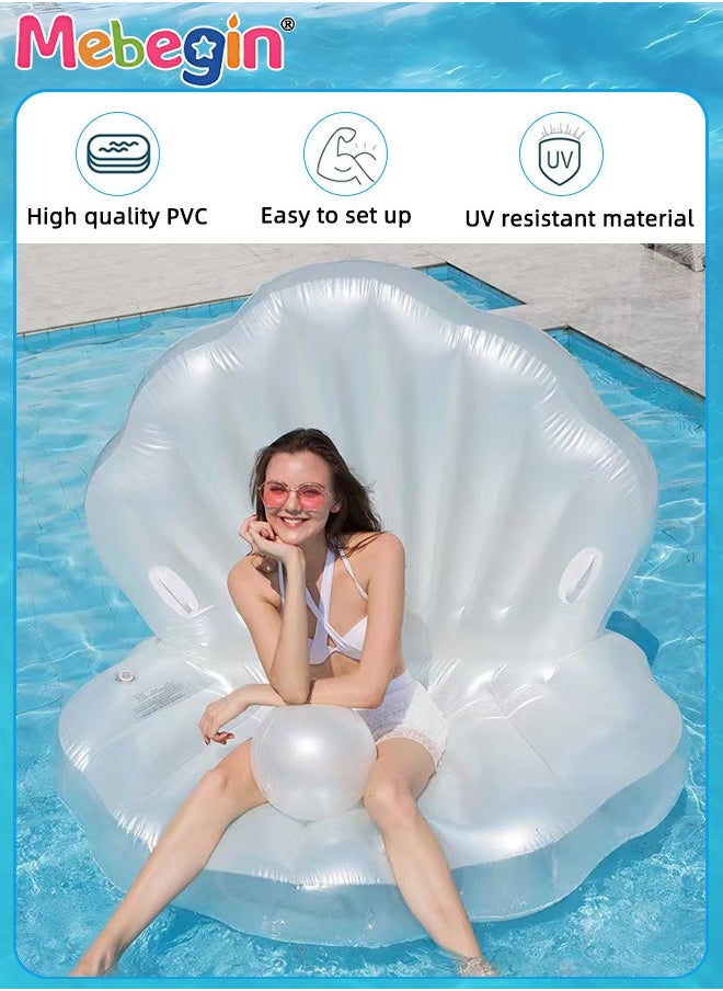 Inflatable Seashell Floatie with Pearl Ball, Blow Up Giant Pool Float, Creative Floating Bed, Water Sofa with Unique Design, Shell Pool Floating Ride-on Raft Chair, Floating Air Cushion, Suitable for Swimming Pool, Seashore and Summer Beach Party, 140*90cm