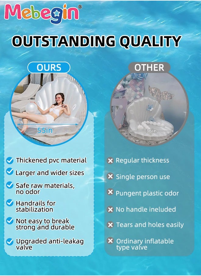 Inflatable Seashell Floatie with Pearl Ball, Blow Up Giant Pool Float, Creative Floating Bed, Water Sofa with Unique Design, Shell Pool Floating Ride-on Raft Chair, Floating Air Cushion, Suitable for Swimming Pool, Seashore and Summer Beach Party, 140*90cm