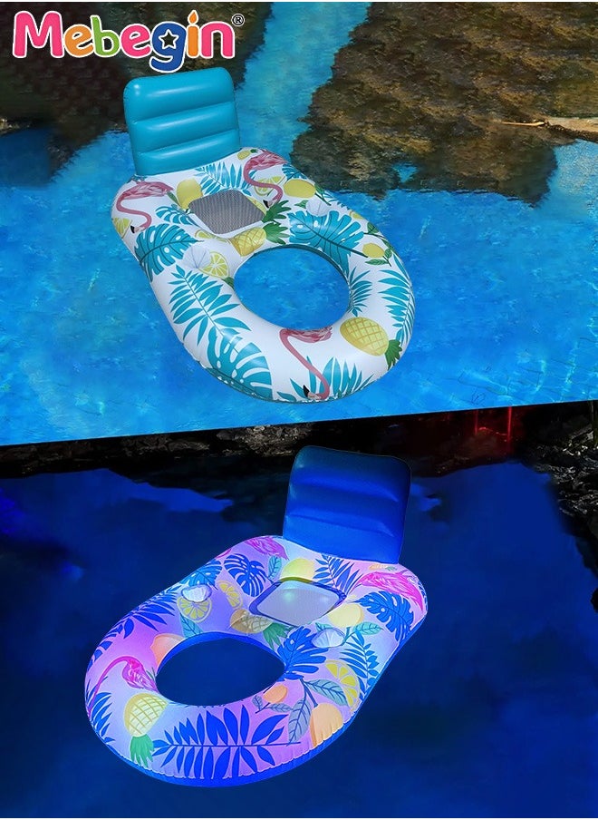 Luminous Swimming Float with Cooling Mesh Seat and 2 Cup Holders, Unique Inflatable Pool Float for Adults and Kids, Sturdy Durable Pool Floating Bed, Fun Water Toys, Suitable for Summer Pools, Beaches and Summer Parties, 3 AAA Batteries Required(Not Included), 140*90*65cm