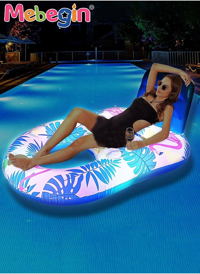 Luminous Swimming Float with Cooling Mesh Seat and 2 Cup Holders, Unique Inflatable Pool Float for Adults and Kids, Sturdy Durable Pool Floating Bed, Fun Water Toys, Suitable for Summer Pools, Beaches and Summer Parties, 3 AAA Batteries Required(Not Included), 140*90*65cm
