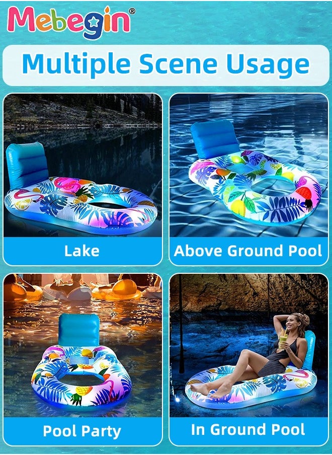 Luminous Swimming Float with Cooling Mesh Seat and 2 Cup Holders, Unique Inflatable Pool Float for Adults and Kids, Sturdy Durable Pool Floating Bed, Fun Water Toys, Suitable for Summer Pools, Beaches and Summer Parties, 3 AAA Batteries Required(Not Included), 140*90*65cm