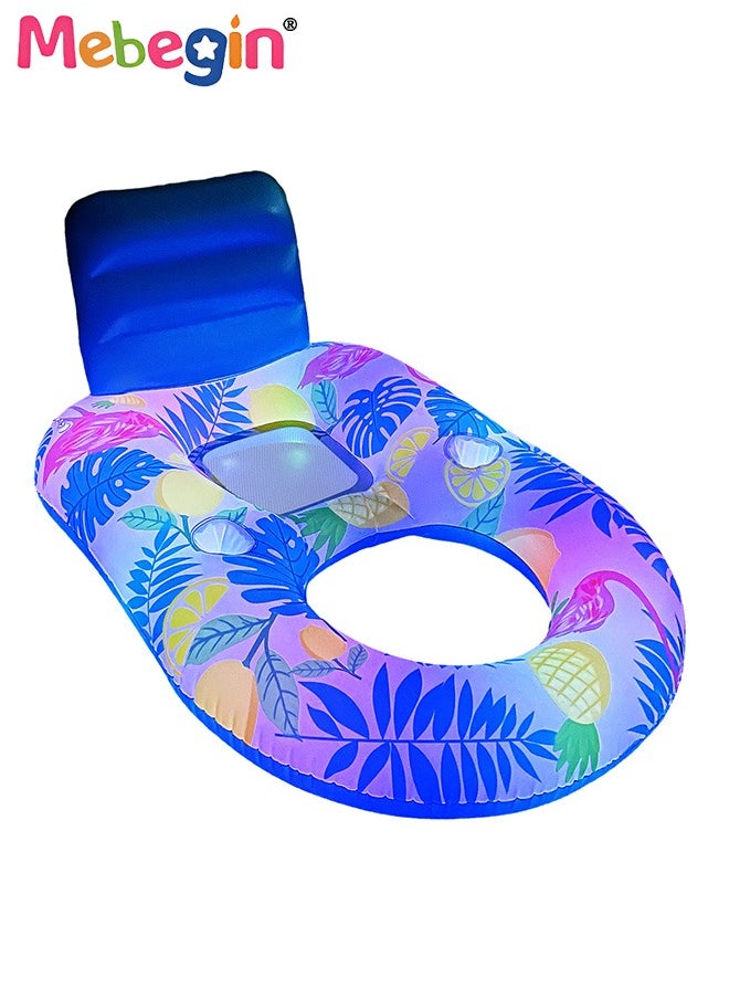 Luminous Swimming Float with Cooling Mesh Seat and 2 Cup Holders, Unique Inflatable Pool Float for Adults and Kids, Sturdy Durable Pool Floating Bed, Fun Water Toys, Suitable for Summer Pools, Beaches and Summer Parties, 3 AAA Batteries Required(Not Included), 140*90*65cm