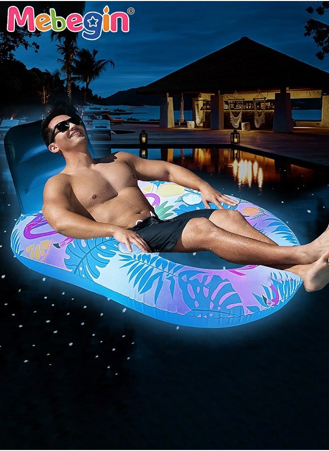 Luminous Swimming Float with Cooling Mesh Seat and 2 Cup Holders, Unique Inflatable Pool Float for Adults and Kids, Sturdy Durable Pool Floating Bed, Fun Water Toys, Suitable for Summer Pools, Beaches and Summer Parties, 3 AAA Batteries Required(Not Included), 140*90*65cm