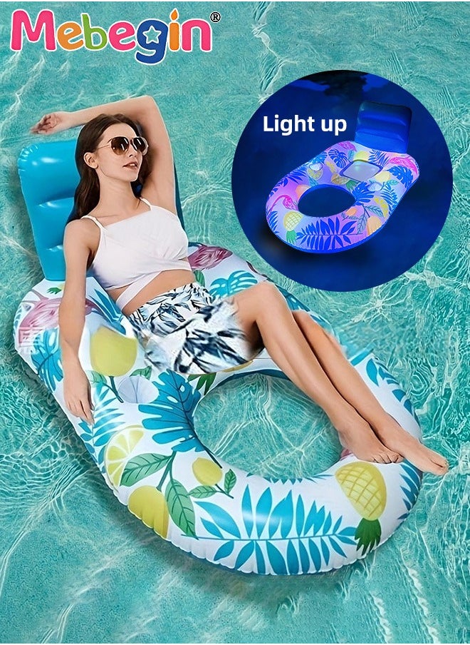 Luminous Swimming Float with Cooling Mesh Seat and 2 Cup Holders, Unique Inflatable Pool Float for Adults and Kids, Sturdy Durable Pool Floating Bed, Fun Water Toys, Suitable for Summer Pools, Beaches and Summer Parties, 3 AAA Batteries Required(Not Included), 140*90*65cm