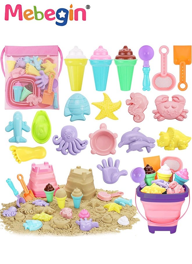 Beach Toys Set with Mesh bag, Colorful Sand Toys Kit with Collapsible Bucket Versatile Models and Shovels, Creative Travel Toys, Convenient to Carry, Suitable for Outdoor and Indoor Use at Beach, Sandbox, Swimming Pool, Lakeside, Garden and Backyard