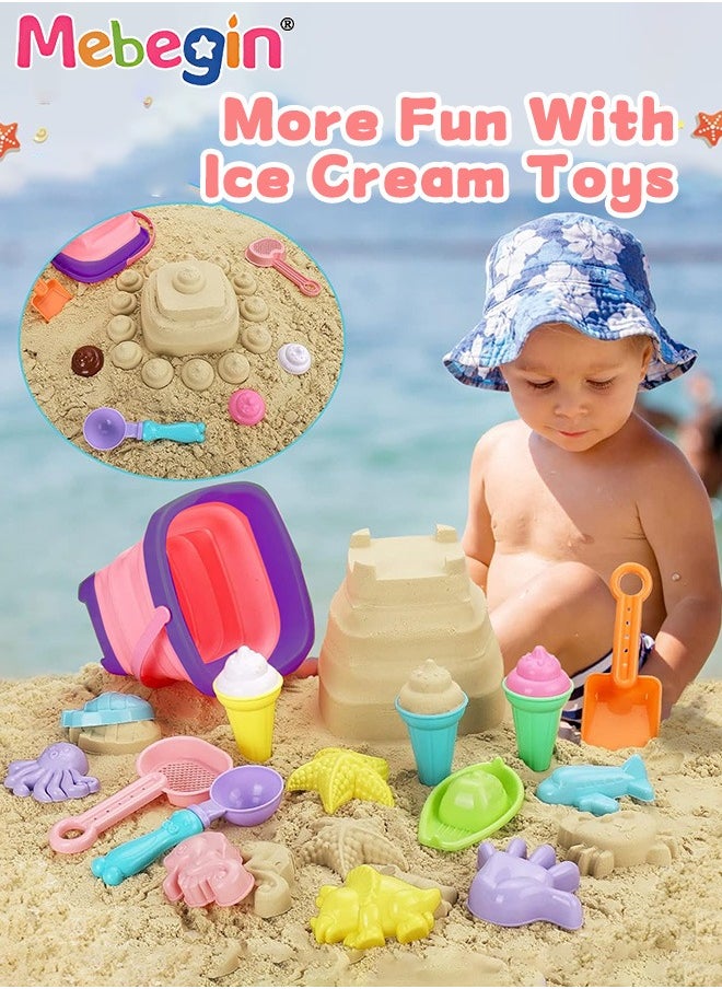 Beach Toys Set with Mesh bag, Colorful Sand Toys Kit with Collapsible Bucket Versatile Models and Shovels, Creative Travel Toys, Convenient to Carry, Suitable for Outdoor and Indoor Use at Beach, Sandbox, Swimming Pool, Lakeside, Garden and Backyard