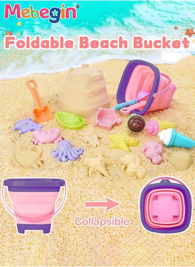 Beach Toys Set with Mesh bag, Colorful Sand Toys Kit with Collapsible Bucket Versatile Models and Shovels, Creative Travel Toys, Convenient to Carry, Suitable for Outdoor and Indoor Use at Beach, Sandbox, Swimming Pool, Lakeside, Garden and Backyard