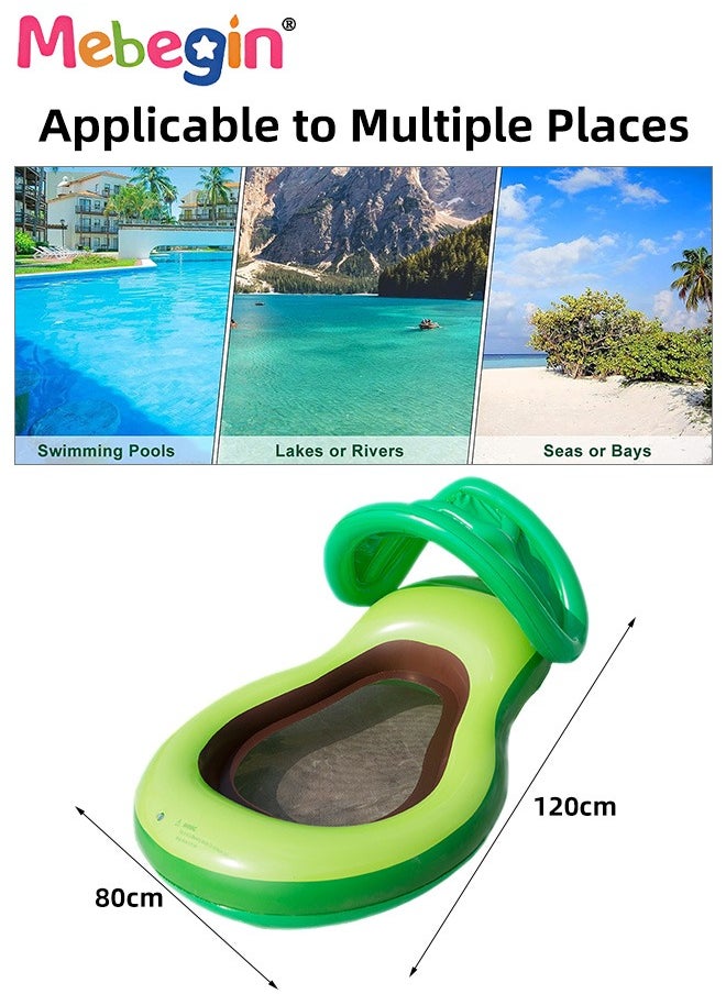 Avocado Shape Swimming Float with Mesh Bottom and Sun Canopy, Unique Inflatable Pool Float for Adults and Kids, Sturdy Durable Pool Floating Bed, Fun Water Toys, Suitable for Summer Pools, Beaches, Parties and Water Sports, 120*80cm