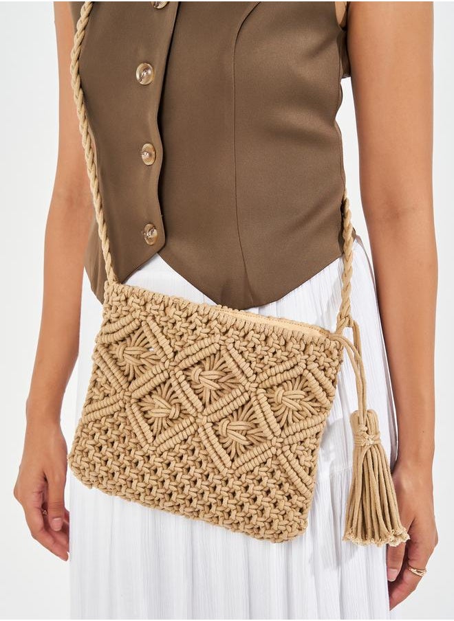 Styli Crochet Diamond Pattern Crossbody Bag