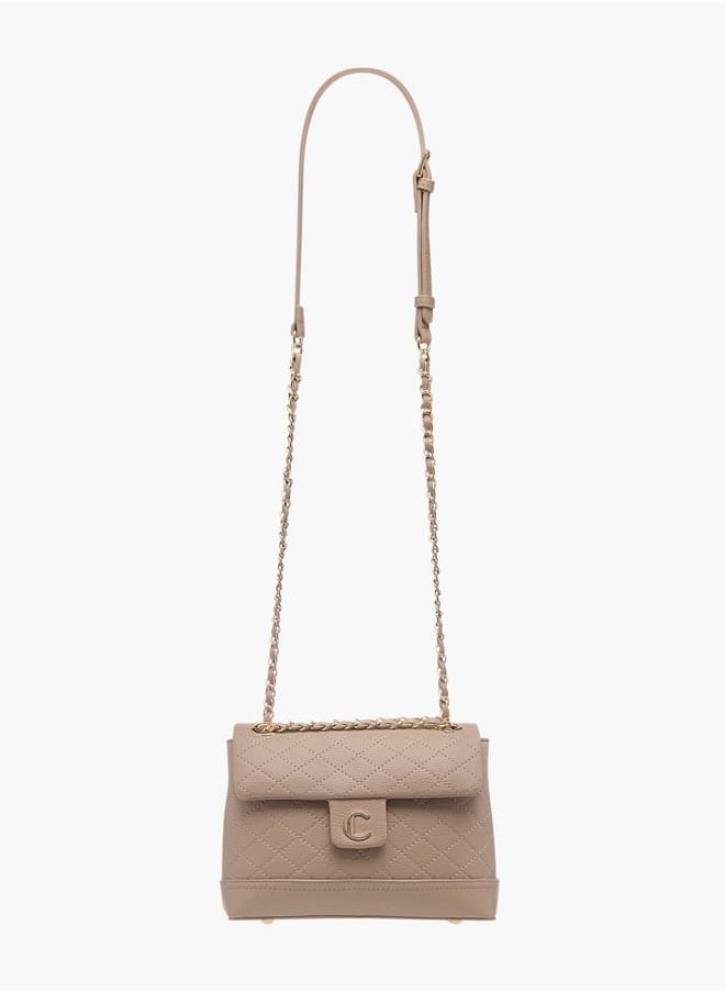 Womens Quilted Crossbody Bag With Flap Closure And Chain Strap