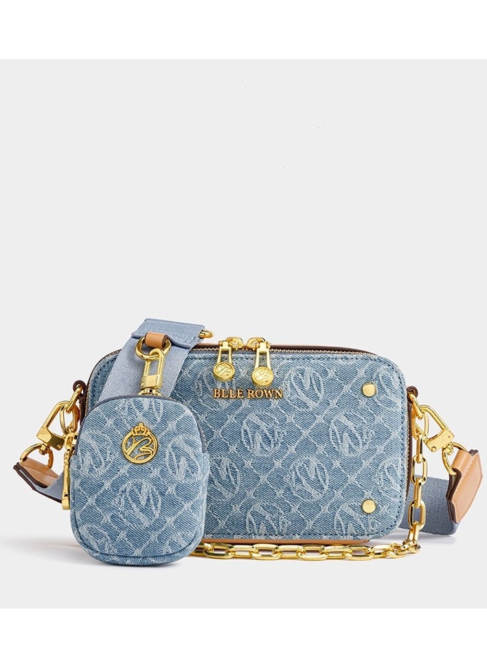2PCS Retro Blue Portable Crossbody Commuter Bag With Adjustable Strap Unique Square Metal Sling Shoulder Bag With Free Coin Pouch For Business Commute/Work/Office For Women For Gift Bag For Festivals Vacation Holiday