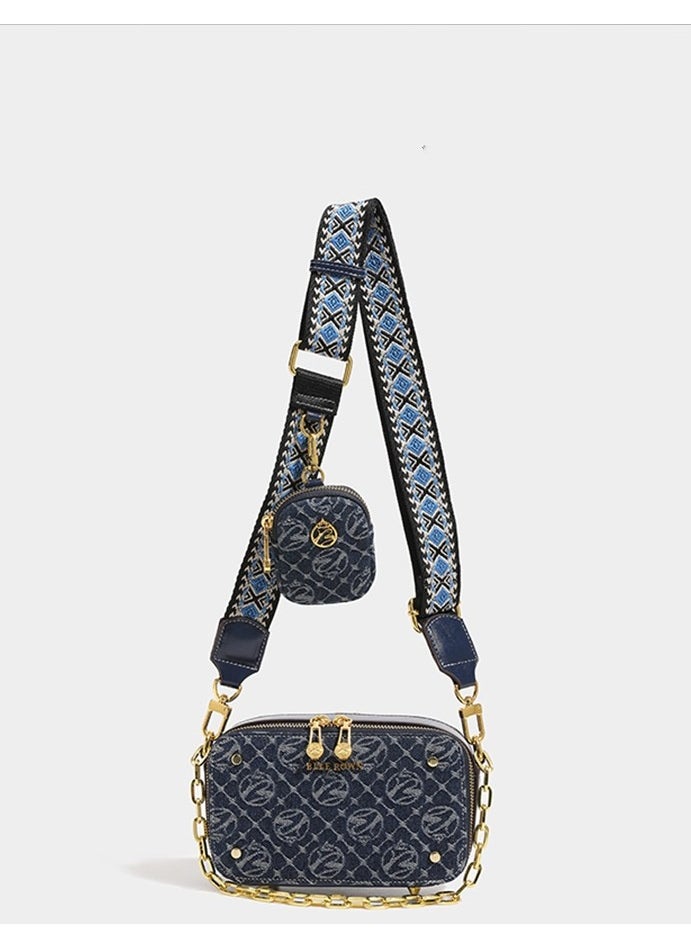 2PCS Retro Blue Portable Crossbody Commuter Bag With Adjustable Strap Unique Square Metal Sling Shoulder Bag With Free Coin Pouch For Business Commute/Work/Office For Women For Gift Bag For Festivals Vacation Holiday