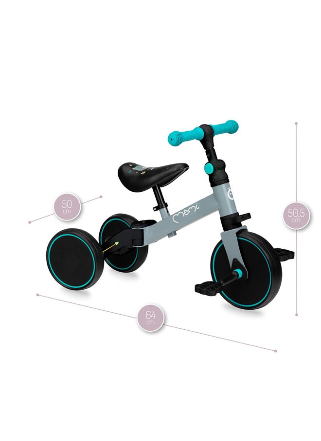 4In1 Steel Ride-On Bike - Ride-on, Tricycle with Pedals, Balance Bike,
Two-Wheeled Bike with Pedals, Adjustable Angle, Steering Locks, Height Range 32.5 - 39 CM For Kids Age 2+ - Turquoise Grey