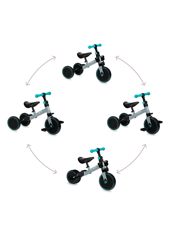 4In1 Steel Ride-On Bike - Ride-on, Tricycle with Pedals, Balance Bike,
Two-Wheeled Bike with Pedals, Adjustable Angle, Steering Locks, Height Range 32.5 - 39 CM For Kids Age 2+ - Turquoise Grey