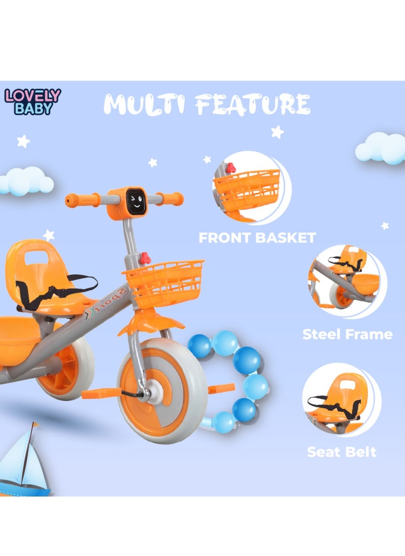 Lovely Baby Kids/Children Tricycle LB 2270 with Music & Light, Steel Frame, EVA Wheels, Front & Rear Basket, For The Ages 1-3 Years - Orange