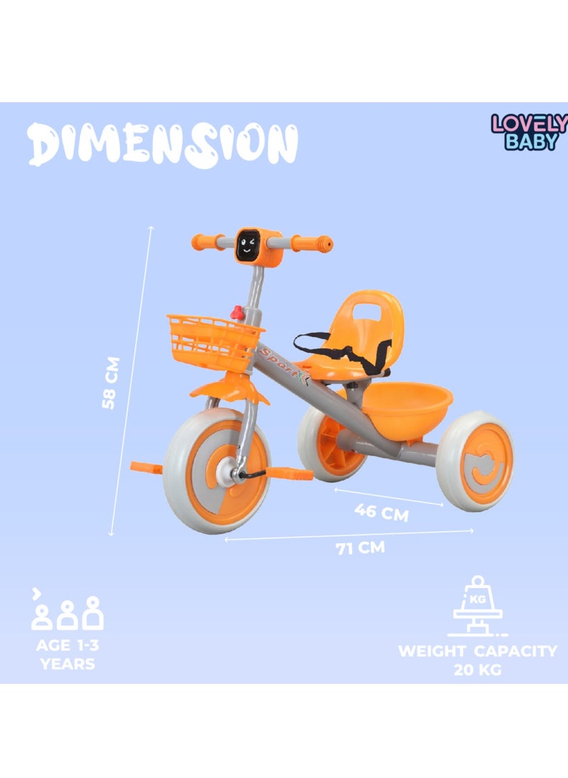 Lovely Baby Kids/Children Tricycle LB 2270 with Music & Light, Steel Frame, EVA Wheels, Front & Rear Basket, For The Ages 1-3 Years - Orange