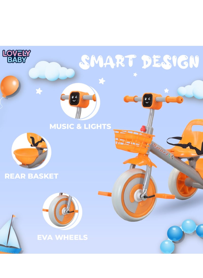 Lovely Baby Kids/Children Tricycle LB 2270 with Music & Light, Steel Frame, EVA Wheels, Front & Rear Basket, For The Ages 1-3 Years - Orange