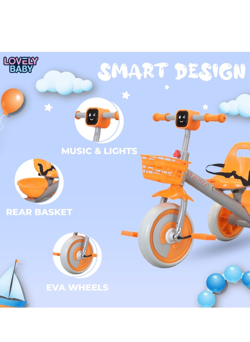 Lovely Baby Kids/Children Tricycle LB 2270 with Music & Light, Steel Frame, EVA Wheels, Front & Rear Basket, For The Ages 1-3 Years - Pink