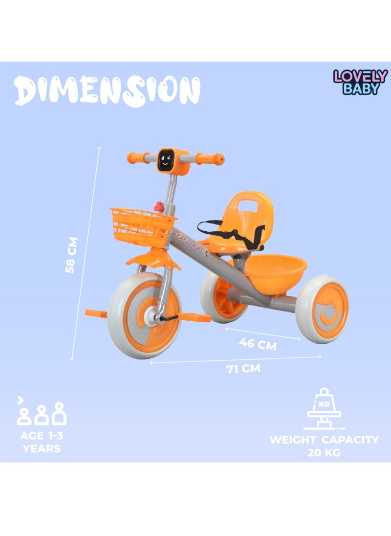 Lovely Baby Kids/Children Tricycle LB 2270 with Music & Light, Steel Frame, EVA Wheels, Front & Rear Basket, For The Ages 1-3 Years - Pink