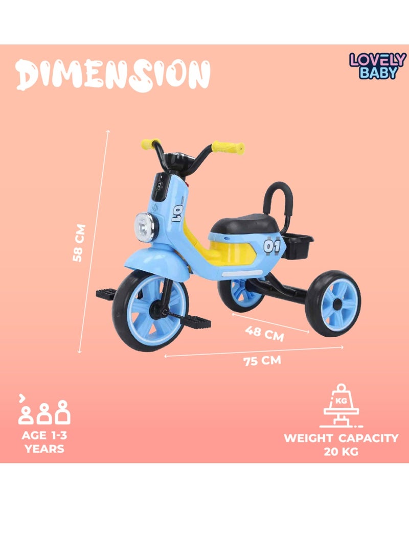 Lovely Baby Kids/Children Tricycle LB 2280 with Music & Light, Steel Frame, EVA Wheels, Rear Basket, For The Ages 1-3 Years - Blue