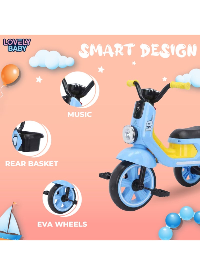 Lovely Baby Kids/Children Tricycle LB 2280 with Music & Light, Steel Frame, EVA Wheels, Rear Basket, For The Ages 1-3 Years - Blue