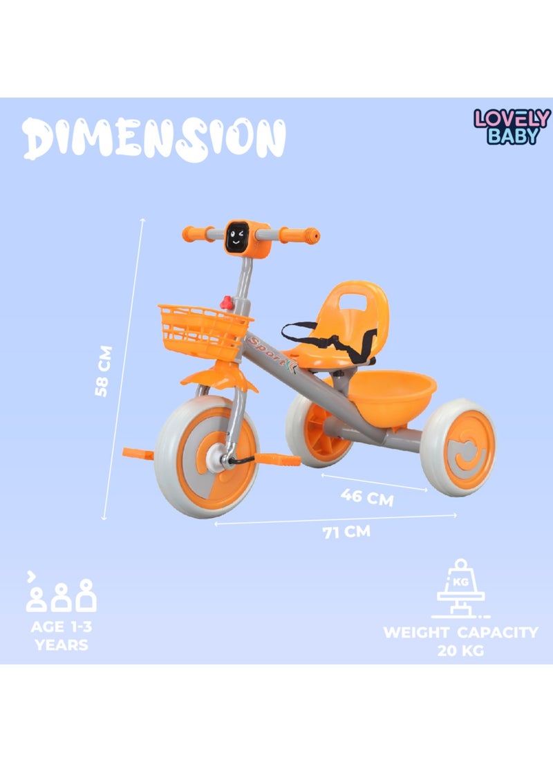 Lovely Baby Kids/Children Tricycle LB 2270 with Music & Light, Steel Frame, EVA Wheels, Front & Rear Basket, For The Ages 1-3 Years - Blue