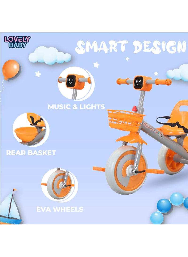 Lovely Baby Kids/Children Tricycle LB 2270 with Music & Light, Steel Frame, EVA Wheels, Front & Rear Basket, For The Ages 1-3 Years - Blue