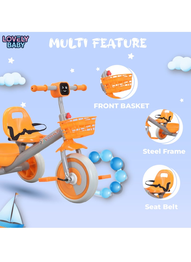 Lovely Baby Kids/Children Tricycle LB 2270 with Music & Light, Steel Frame, EVA Wheels, Front & Rear Basket, For The Ages 1-3 Years - Blue