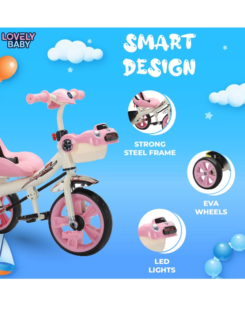 Lovely Baby Kids Tricycle LB 6565H with Parent Control, Music & LED Lights, EVA Wheels, Steel Frame, Ride-On Toy for 1-3 Years - Pink