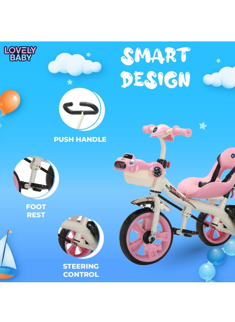Lovely Baby Kids Tricycle LB 6565H with Parent Control, Music & LED Lights, EVA Wheels, Steel Frame, Ride-On Toy for 1-3 Years - Pink