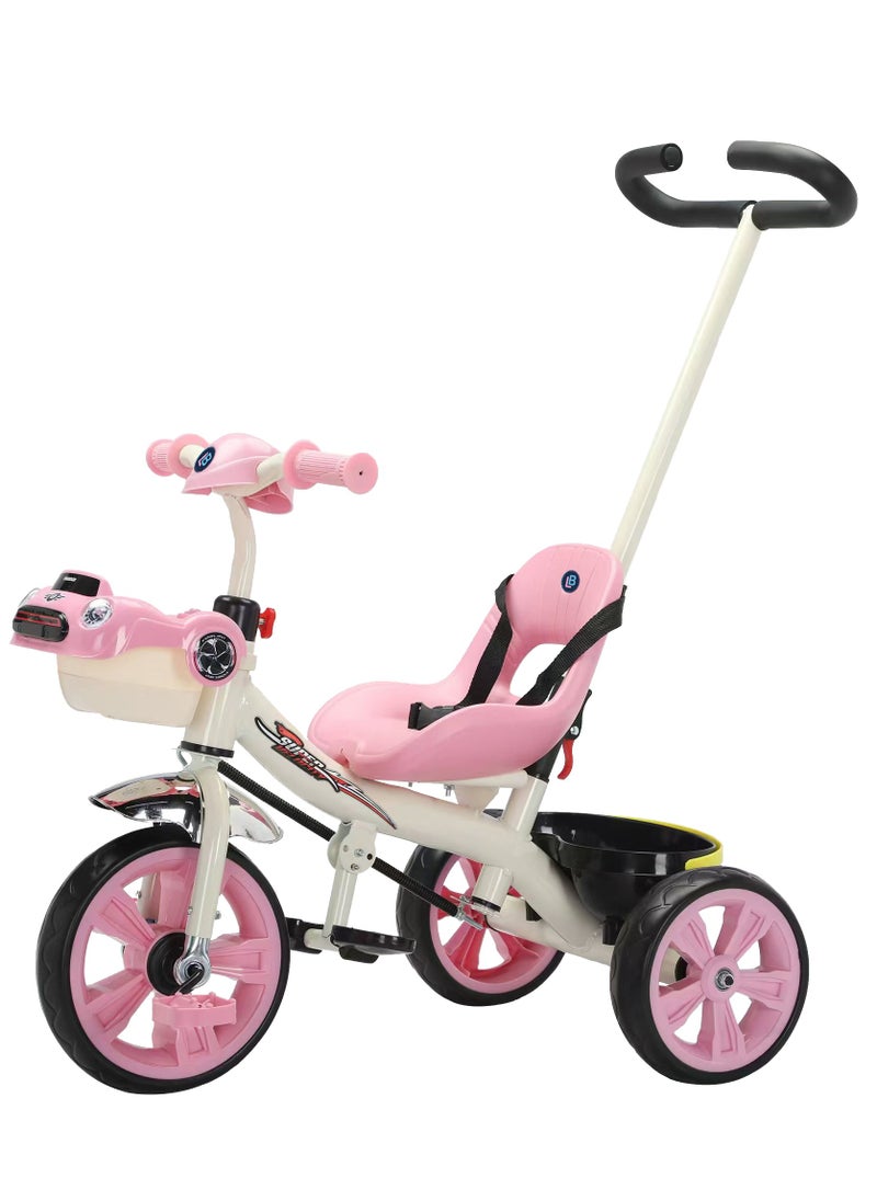 Lovely Baby Kids Tricycle LB 6565H with Parent Control, Music & LED Lights, EVA Wheels, Steel Frame, Ride-On Toy for 1-3 Years - Pink