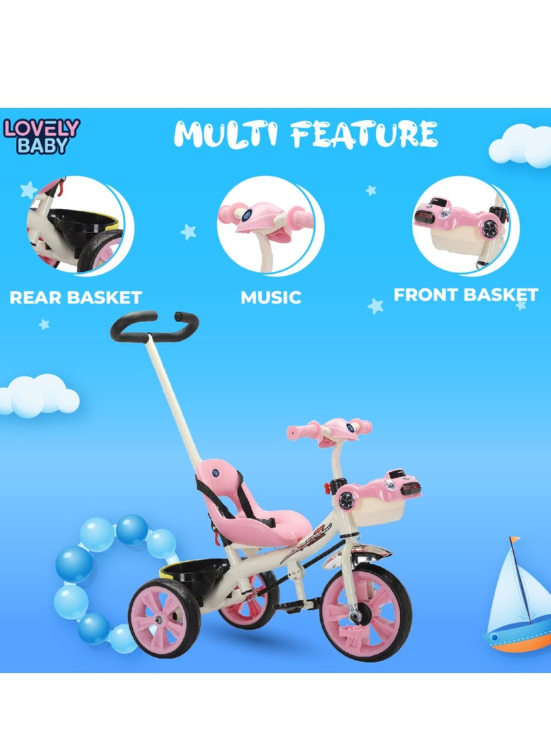 Lovely Baby Kids Tricycle LB 6565H with Parent Control, Music & LED Lights, EVA Wheels, Steel Frame, Ride-On Toy for 1-3 Years - Pink