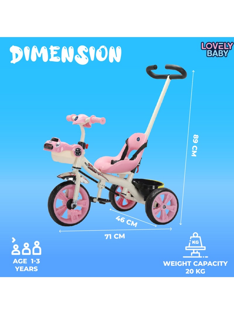 Lovely Baby Kids Tricycle LB 6565H with Parent Control, Music & LED Lights, EVA Wheels, Steel Frame, Ride-On Toy for 1-3 Years - Pink