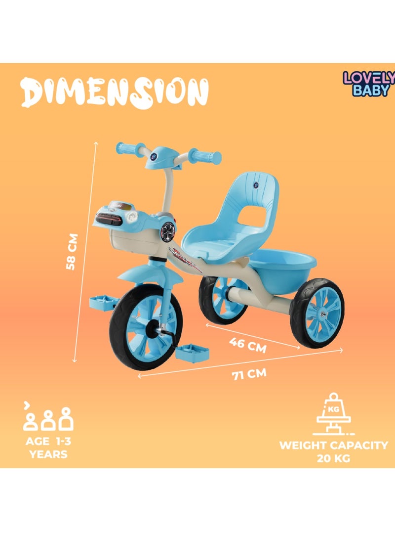 Lovely Baby Kids/Children Tricycle LB 6540 with Music & LED Lights, EVA Wheels, Strong Steel Frame, Ride-On Toy,Recommended Ages for 1-3 Years - Blue