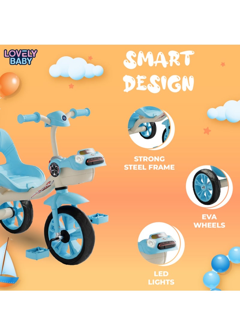 Lovely Baby Kids/Children Tricycle LB 6540 with Music & LED Lights, EVA Wheels, Strong Steel Frame, Ride-On Toy,Recommended Ages for 1-3 Years - Blue