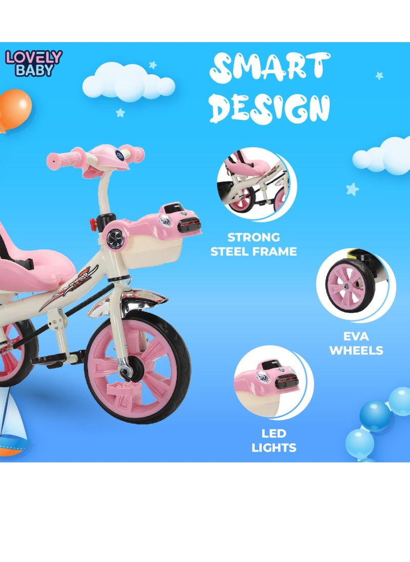 Lovely Baby Kids Tricycle LB 6565H with Parent Control, Music & LED Lights, EVA Wheels, Steel Frame, Ride-On Toy for 1-3 Years - Blue
