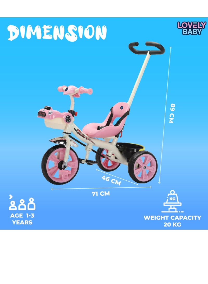 Lovely Baby Kids Tricycle LB 6565H with Parent Control, Music & LED Lights, EVA Wheels, Steel Frame, Ride-On Toy for 1-3 Years - Blue