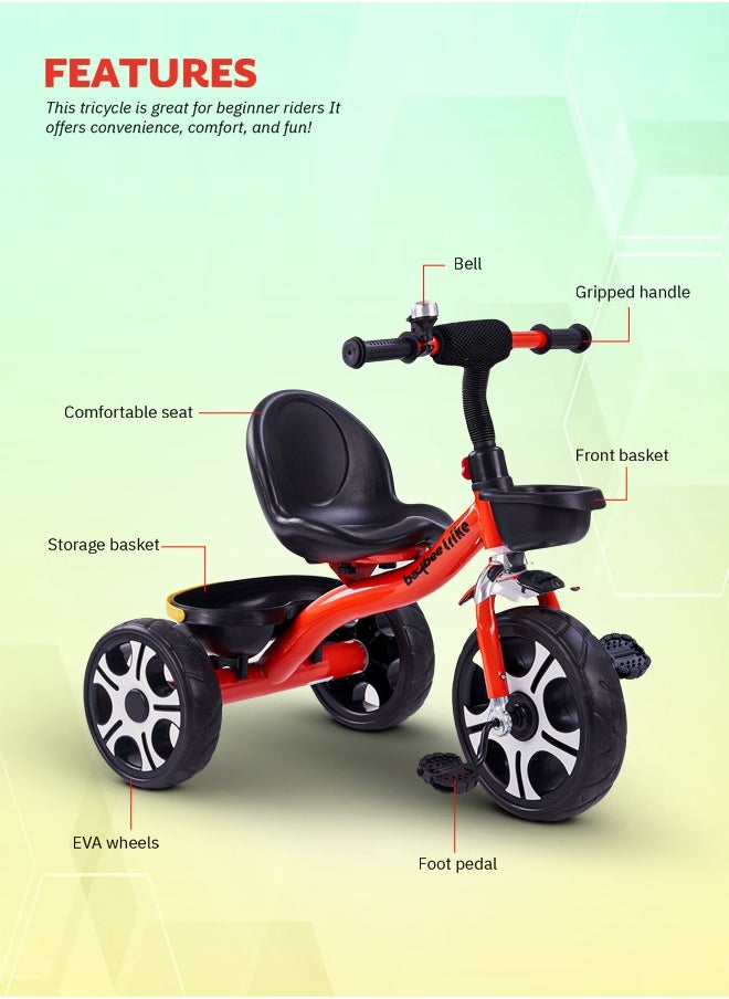Coaster Tricycle for Kids Baby Smart Plug and Play Kids Tricycle Cycle with Front & Rear Storage Baskets 3 Wheels Tricycle Bicycle Baby Tricycle Cycle for Kids 2 to 5 Years Boy Girl Red