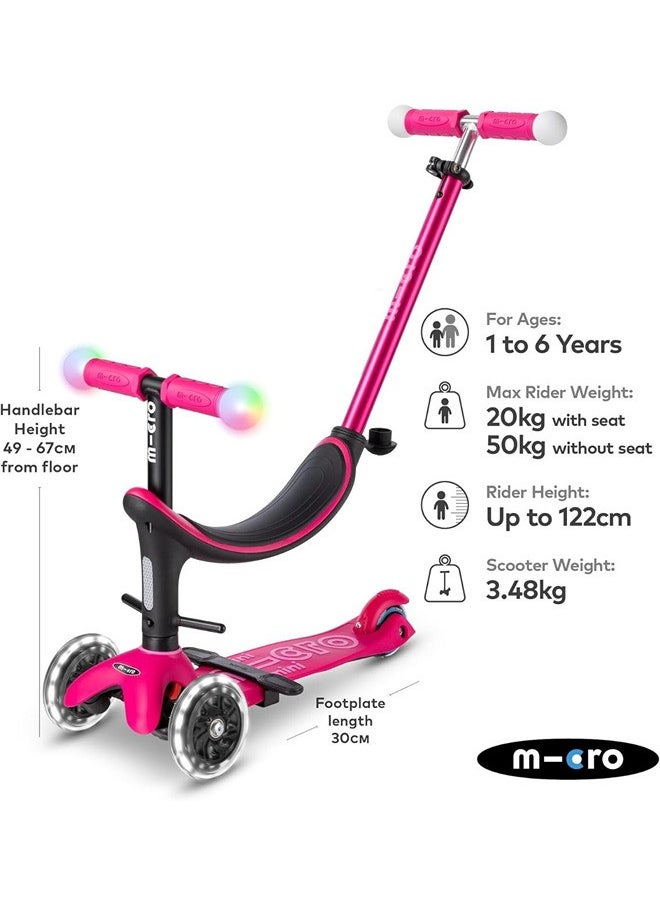 Micro Scooters | Mini Micro 2 Grow LED 4in1 Toddler's Trike | Handlebar Adjustable | Foldable | Lightweight | Boys & Girls | 1-6yrs | Pink