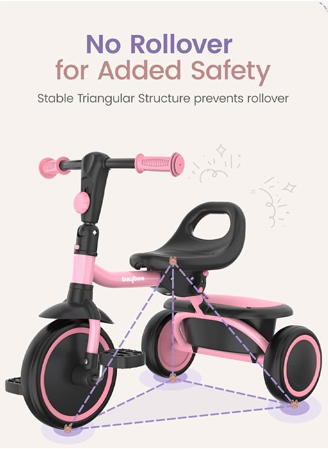 Foldable 2 in 1 Baby Tricycle for Kids Smart Plug & Play Kids Cycle with Rear Storage Basket & 3 Wheels Kids Tricycle Toddlers Baby Tricycle Cycle for Kids 2 to 5 Years Boy Girl Pink