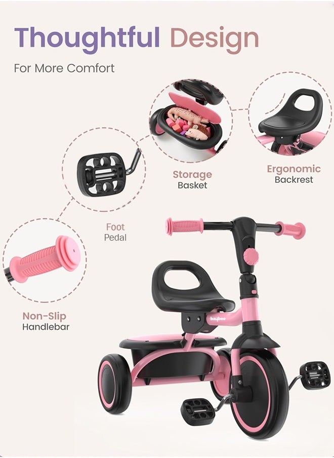 Foldable 2 in 1 Baby Tricycle for Kids Smart Plug & Play Kids Cycle with Rear Storage Basket & 3 Wheels Kids Tricycle Toddlers Baby Tricycle Cycle for Kids 2 to 5 Years Boy Girl Pink