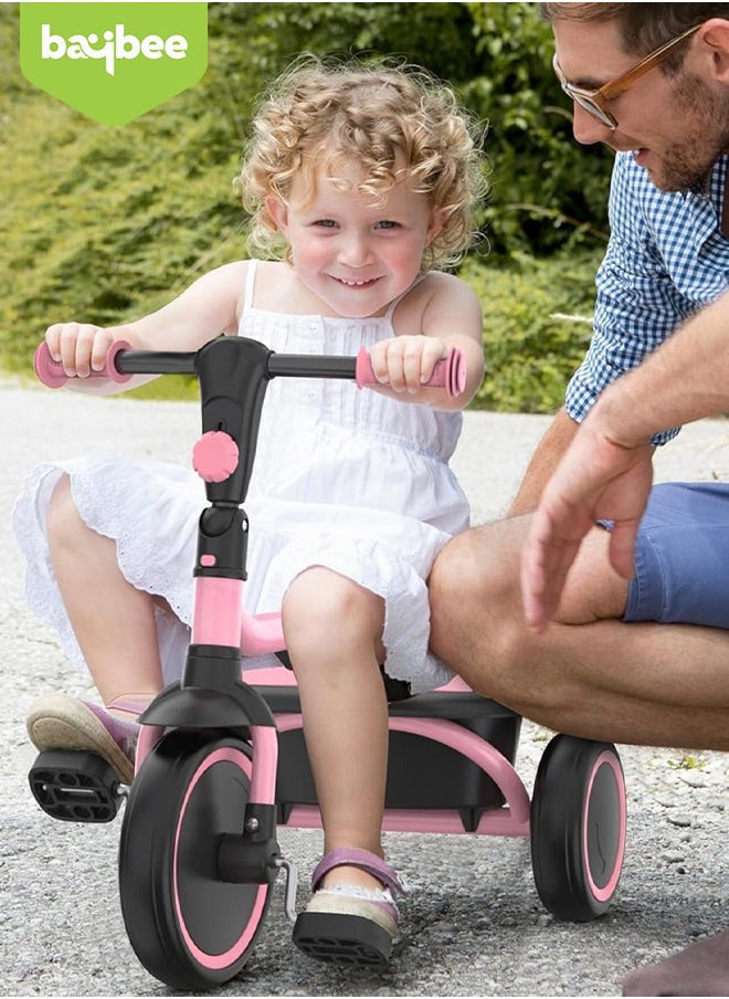Foldable 2 in 1 Baby Tricycle for Kids Smart Plug & Play Kids Cycle with Rear Storage Basket & 3 Wheels Kids Tricycle Toddlers Baby Tricycle Cycle for Kids 2 to 5 Years Boy Girl Pink