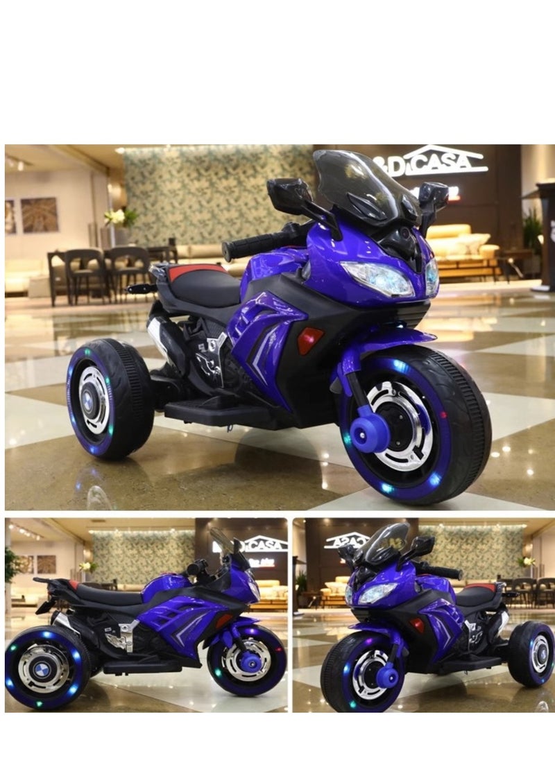 Kids Electric Motorcycle, 3 Wheel Battery Powered Ride On Motorcycle with LED Lights Blue