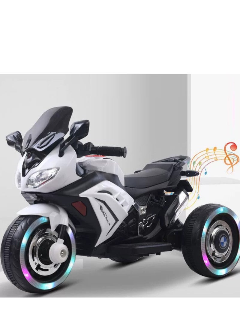 Kids Electric Motorcycle, 3 Wheel Battery Powered Ride On Motorcycle with LED Lights White
