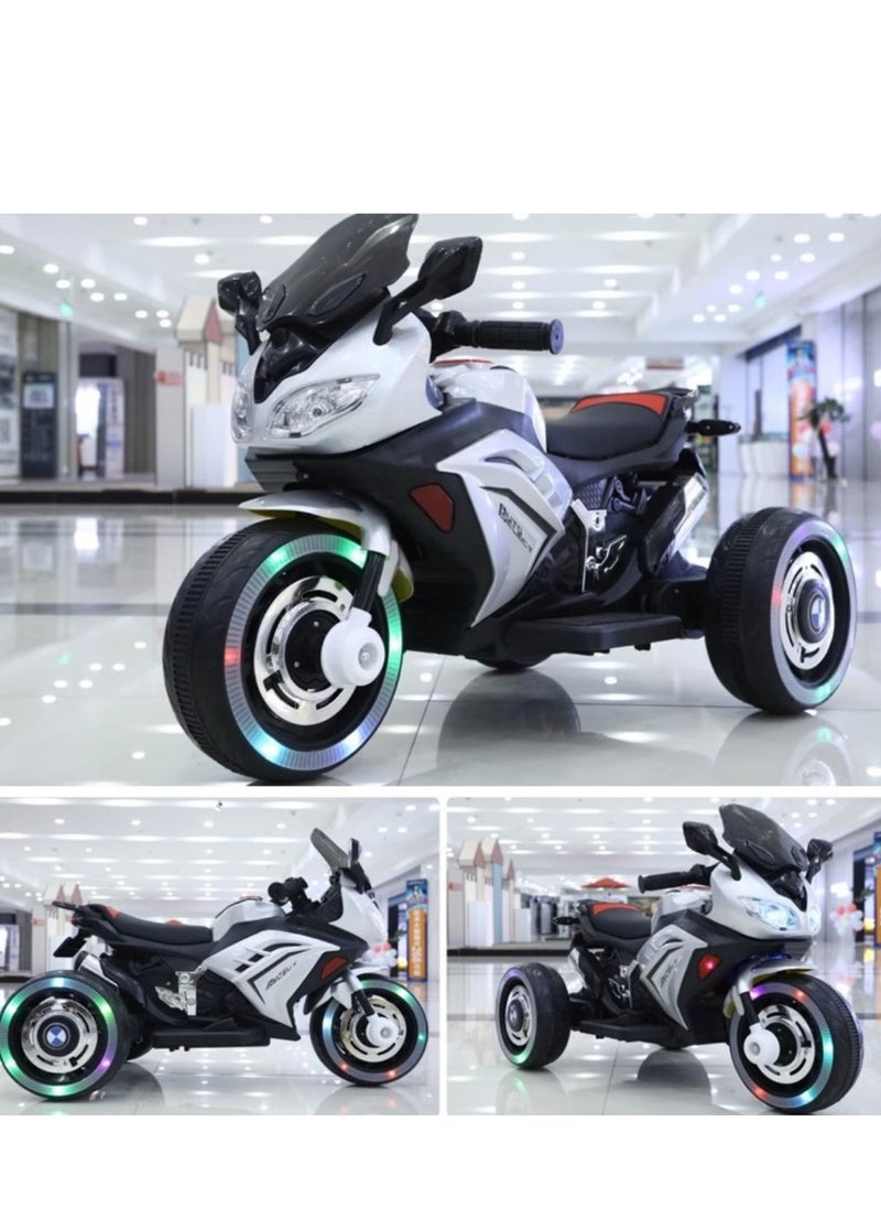Kids Electric Motorcycle, 3 Wheel Battery Powered Ride On Motorcycle with LED Lights White