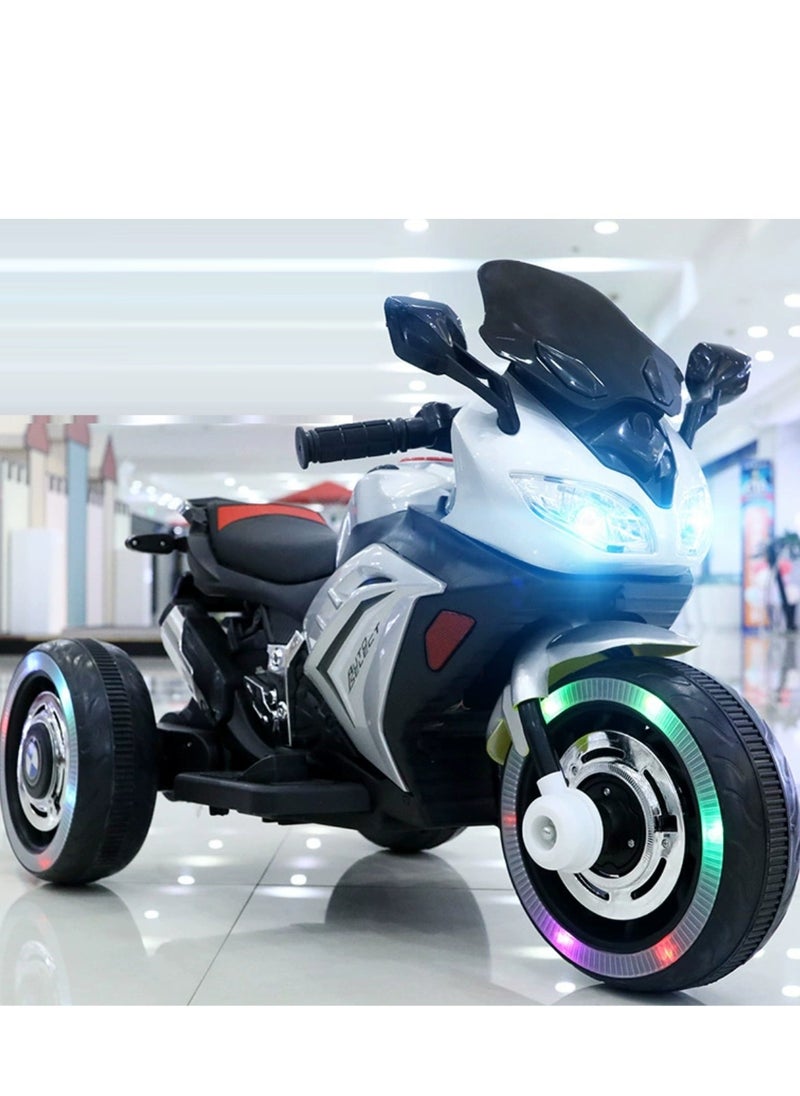 Kids Electric Motorcycle, 3 Wheel Battery Powered Ride On Motorcycle with LED Lights White