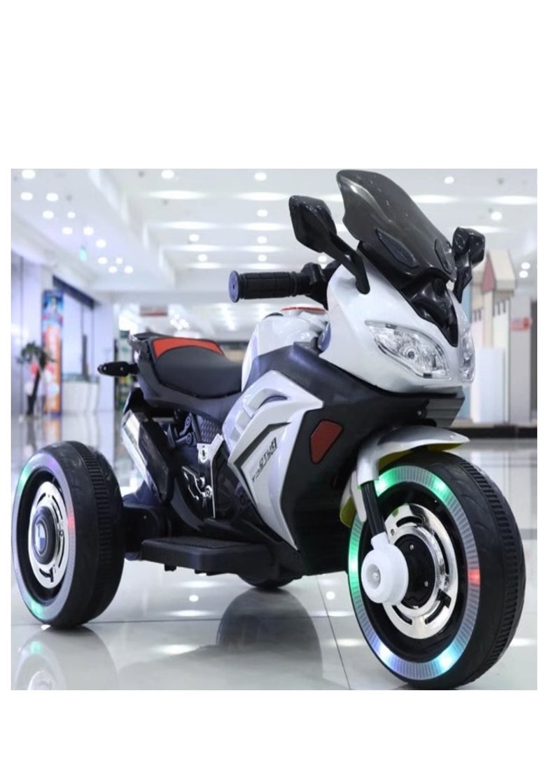 Kids Electric Motorcycle, 3 Wheel Battery Powered Ride On Motorcycle with LED Lights White