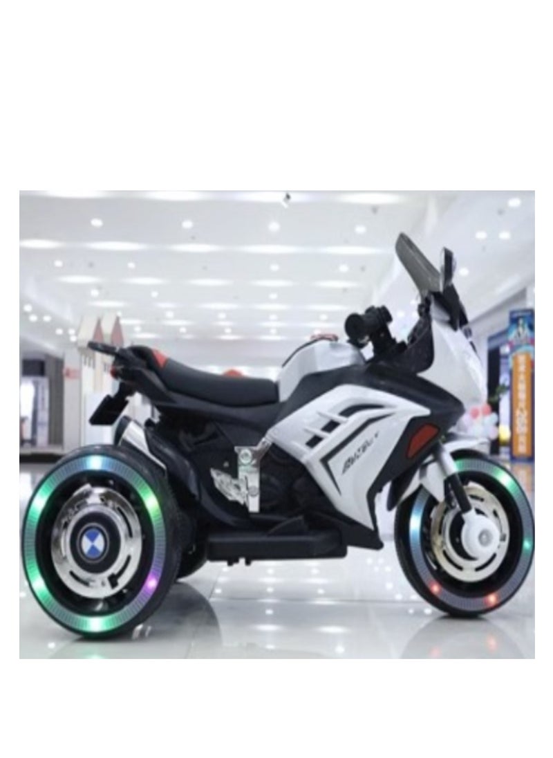 Kids Electric Motorcycle, 3 Wheel Battery Powered Ride On Motorcycle with LED Lights White