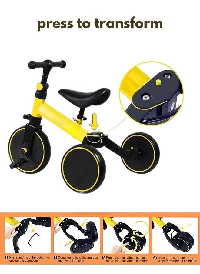 3-in-1 Convertible Balance Bike & Toddler Trike for 1-4 Years | Adjustable Seat, Indoor/Outdoor Use | First Birthday Gift (Yellow)